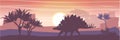 Silhouette of a large stegosaurus against the background of trees and rocks. Prehistoric fauna and flora. Animals of the Mesozoic